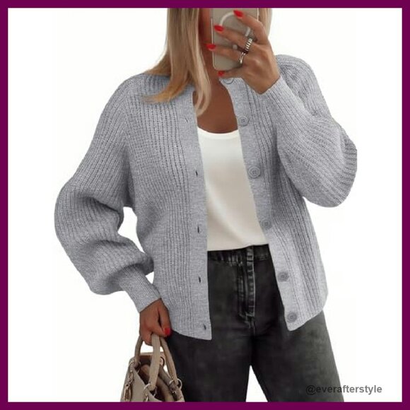 Chunky Knit Cardigan Women's Long Sleeve Cable Crewneck Button Down Oversized - Picture 2 of 8